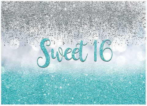 Sweet 16 Silver Blue Bokeh Glitter Backdrop 7x5ft for Girls Happy 16th Birthday Party Decorations - Hibrides
