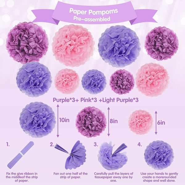 Purple Pink Birthday Party Decorations Set with Happy Birthday Banner, Tissue Paper Pompoms, Tassel Garland, and Circle Dots Garland