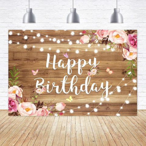 7x5ft Pink Floral Happy Birthday Backdrop Butterfly Wooden Floor Watercolor Flowers Girls Photography Background - Hibrides