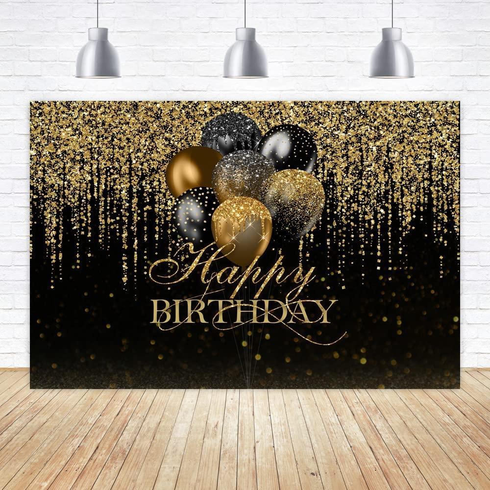 7x5ft Happy Birthday Backdrop Glitter Black and Gold Balloons Photography Background - Hibrides