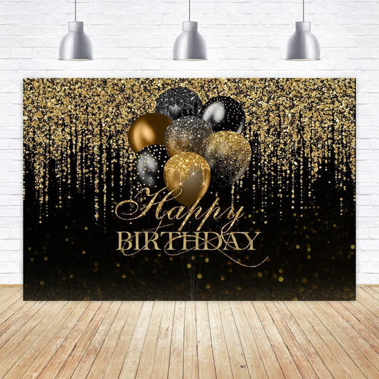 7x5ft Happy Birthday Backdrop Glitter Black and Gold Balloons Photography Background - Hibrides