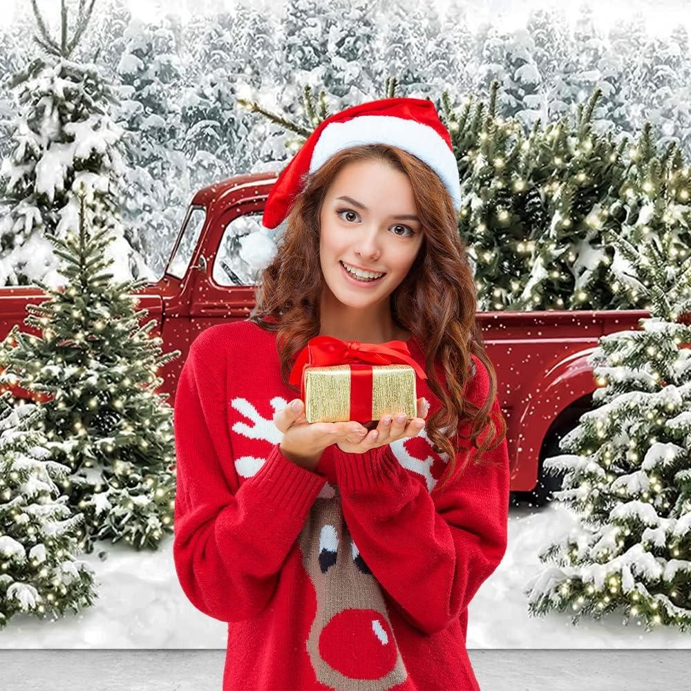 7X5FT Christmas Retro Red Truck Photography Background Snow Capped Forest Family Children's Holiday Party Decorations Photo Banner Backdrop Props - Hibrides