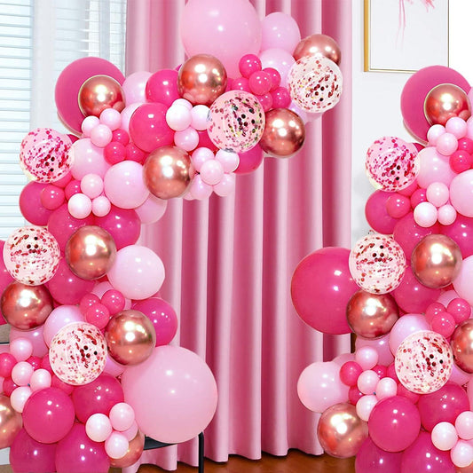 142pcs Hot Pink Rose Gold Balloons with Confetti Balloons for Girl's Birthday Bridal Baby Shower - Hibrides