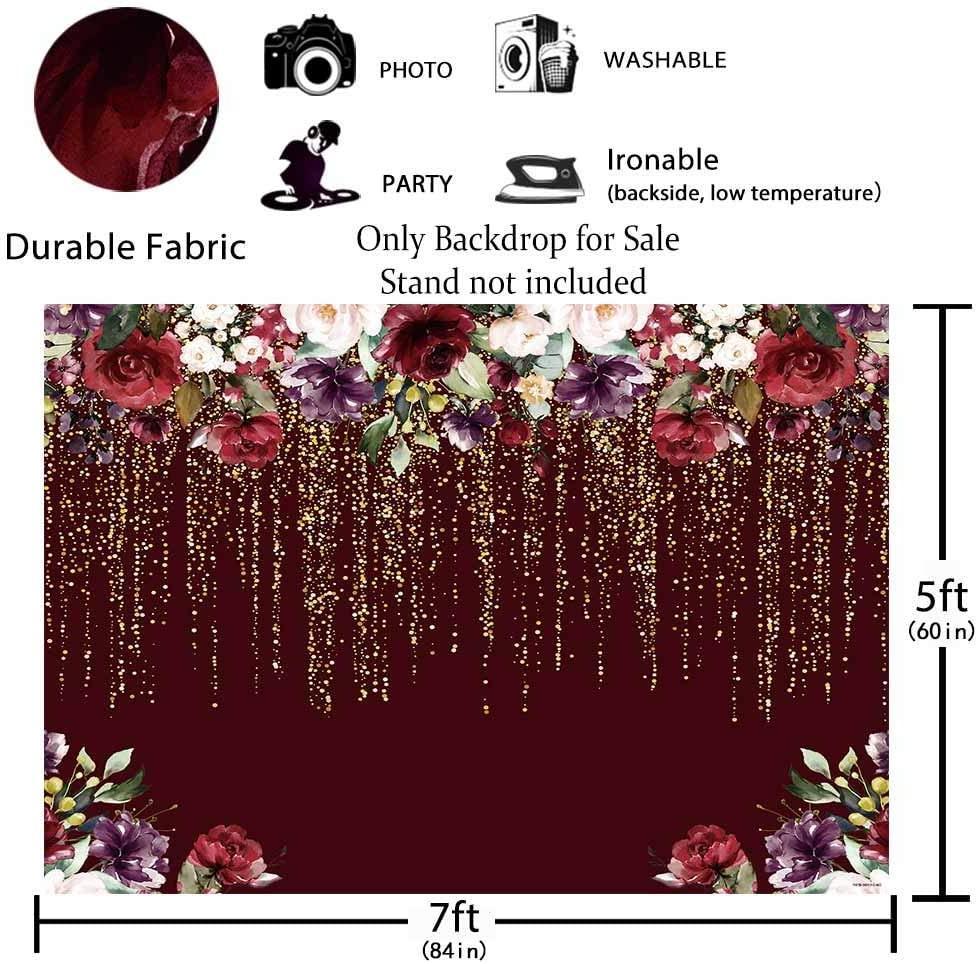 Durable Fabric Burgundy Red Flowers Backdrop No Wrinkles Golden Glitter Floral Birthday Party Photography - Hibrides