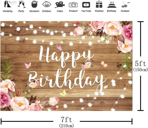 7x5ft Pink Floral Happy Birthday Backdrop Butterfly Wooden Floor Watercolor Flowers Girls Photography Background - Hibrides