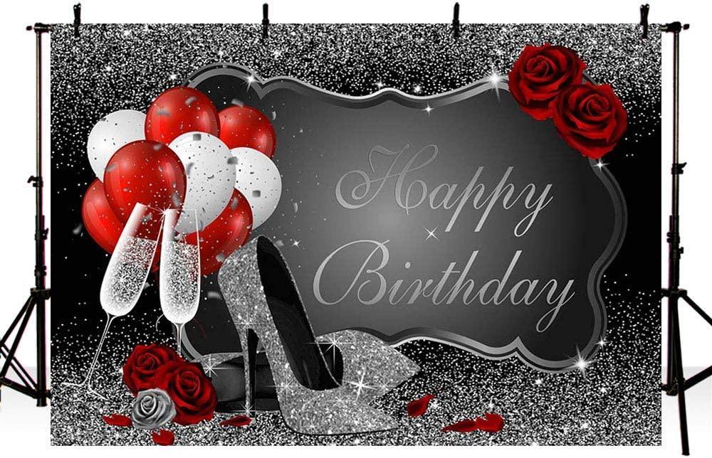 Glitter Silver Happy Birthday Party Decorations Backdrop for Women - Hibrides