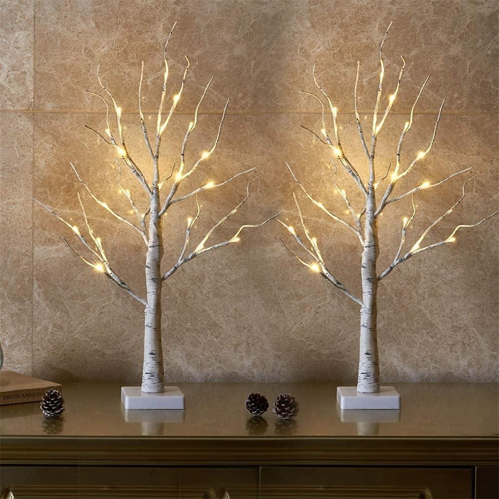 2Pack 24 LED Battery Operated Tabletop Mini Artificial Trees with Lights for Centerpiece Lighted Birch Tree for Home Decor, White Christmas Decorations Indoor - Hibrides
