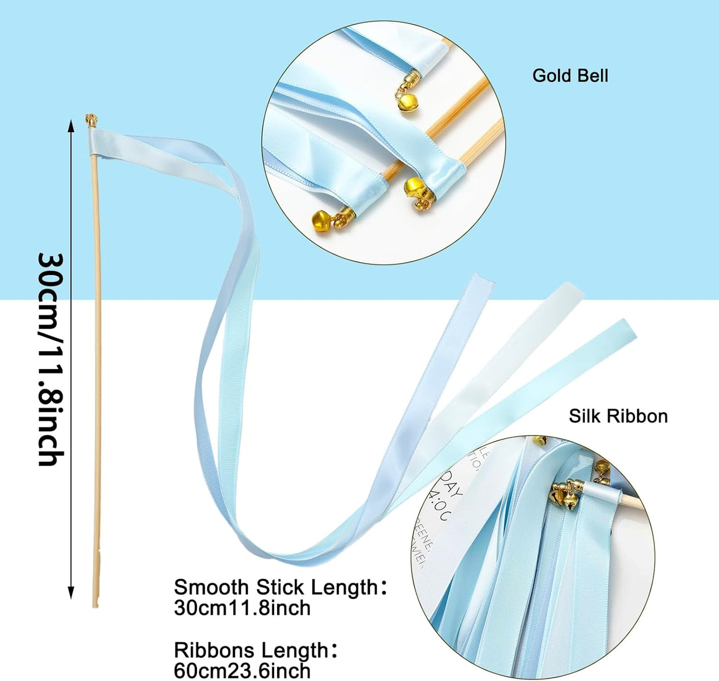 Handmade Wedding Ribbon Sticks with Bells Dusty Blue Streamers
