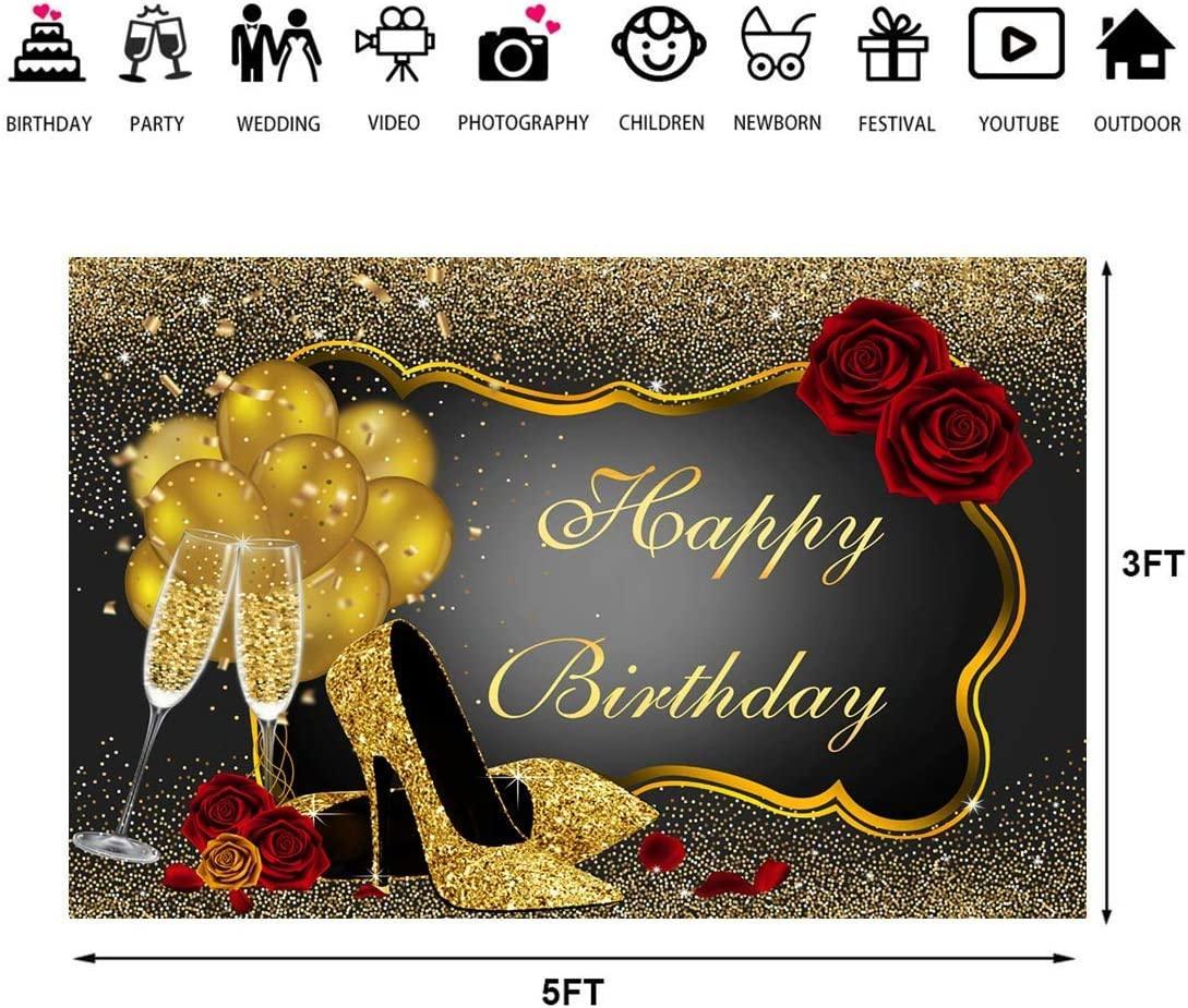 Happy Birthday Backdrop Glitter Gold Red Rose Floral Golden Balloons Heels Champagne Glass Background - Hibrides