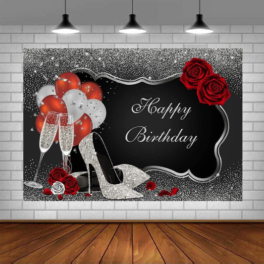 Sliver and Black Happy Birthday Backdrop Glitter Sequin High Heels Champagne Glasses Red Rose Balloons - Hibrides