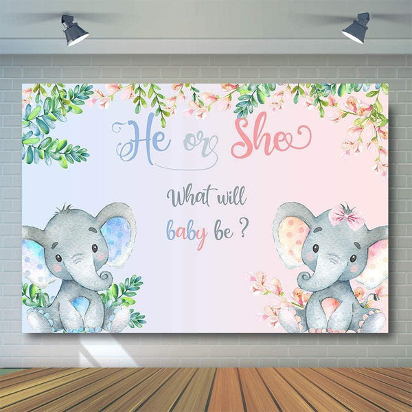 Elephant Gender Reveal Backdrop Pink or Blue Flowers Baby Shower Photography Background - Hibrides