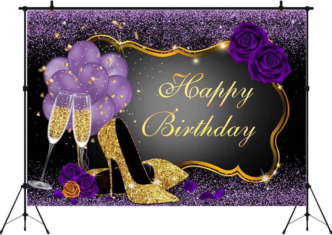 7x5FT Purple Happy Birthday Backdrop Rose Shiny Sequin High Heels Champagne Golden Frame Glasses Photography Background - Hibrides