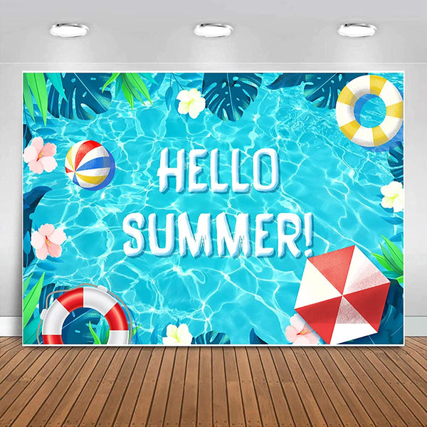 Hello Summer Pool Party Backdrop Tropical Swimming Ring Balls Hawaiian Birthday Photography Background - Hibrides