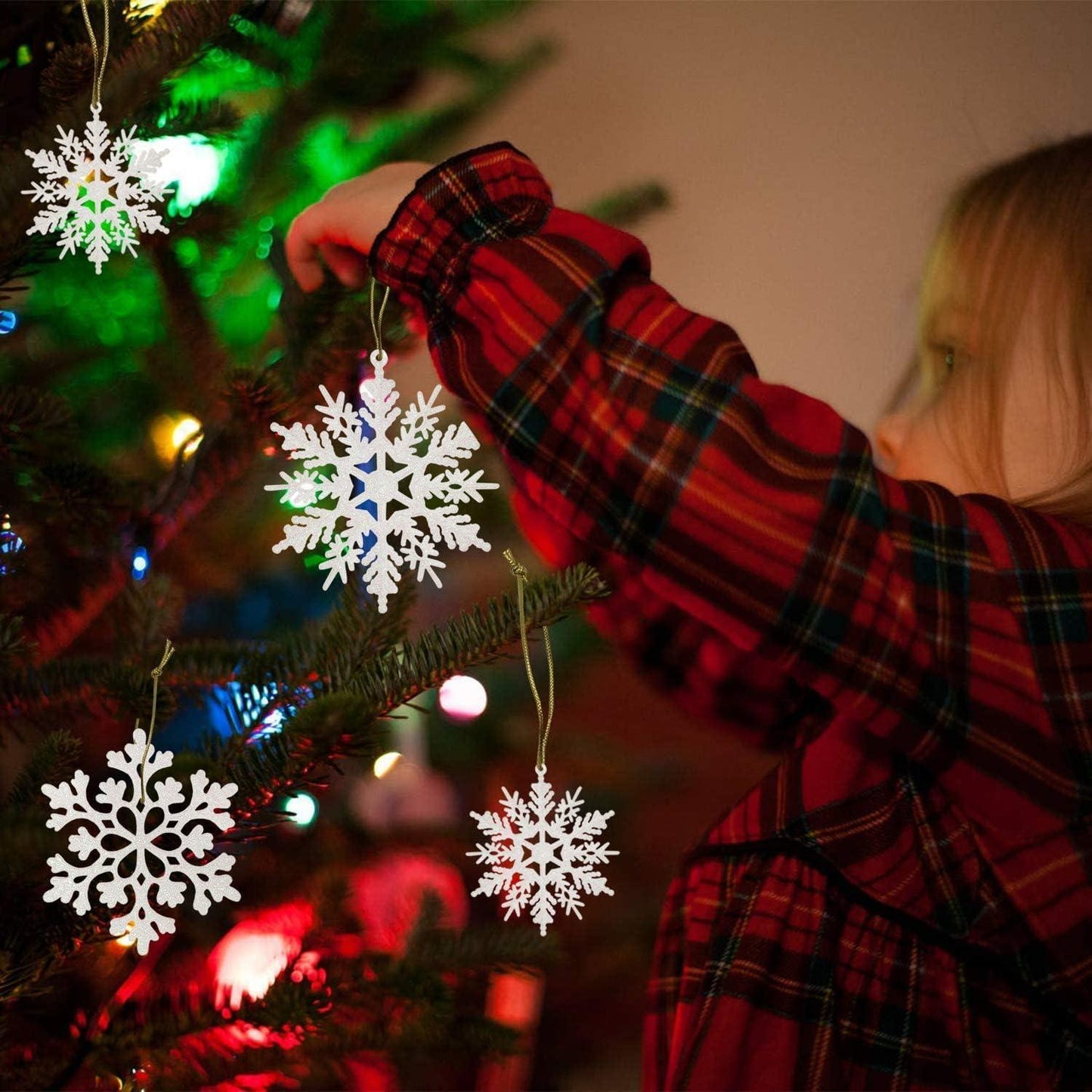 36pcs Christmas White Snowflake Ornaments Plastic Glitter Snow Flakes Ornaments for Winter Christmas Tree Decorations - Hibrides