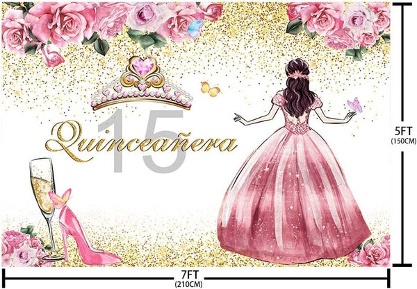 Quinceanera Backdrop for Girl Happy 15th Birthday Background Pink Flowers High Heels Crown Princess Birthday Party Decorations - Hibrides