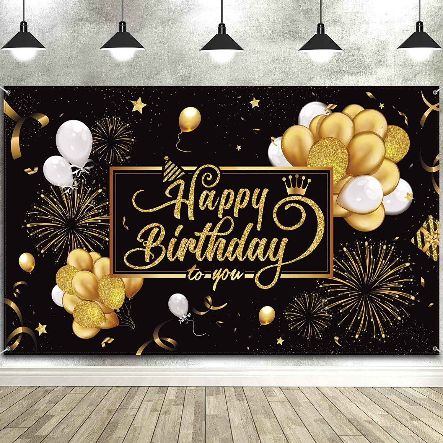 Happy Birthday Backdrop Banner Black and Gold Sign Poster Large Fabric Glitter Balloon Fireworks Sign - Hibrides