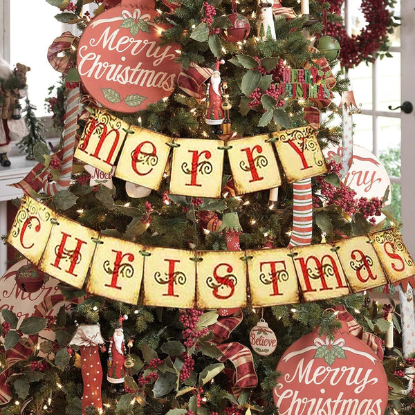 Vintage Merry Christmas Banner - Retro Nostalgic Traditional Old Fashioned Victorian Xmas Holiday Decor for Farmhouse