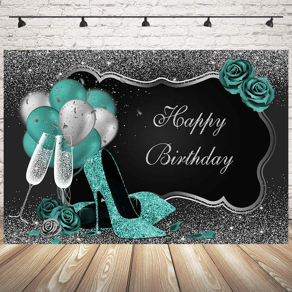 Teal Silver Happy Birthday Backdrop Glitter Green Balloons High Heels Champagne Woman's Birthday Photography Background - Hibrides