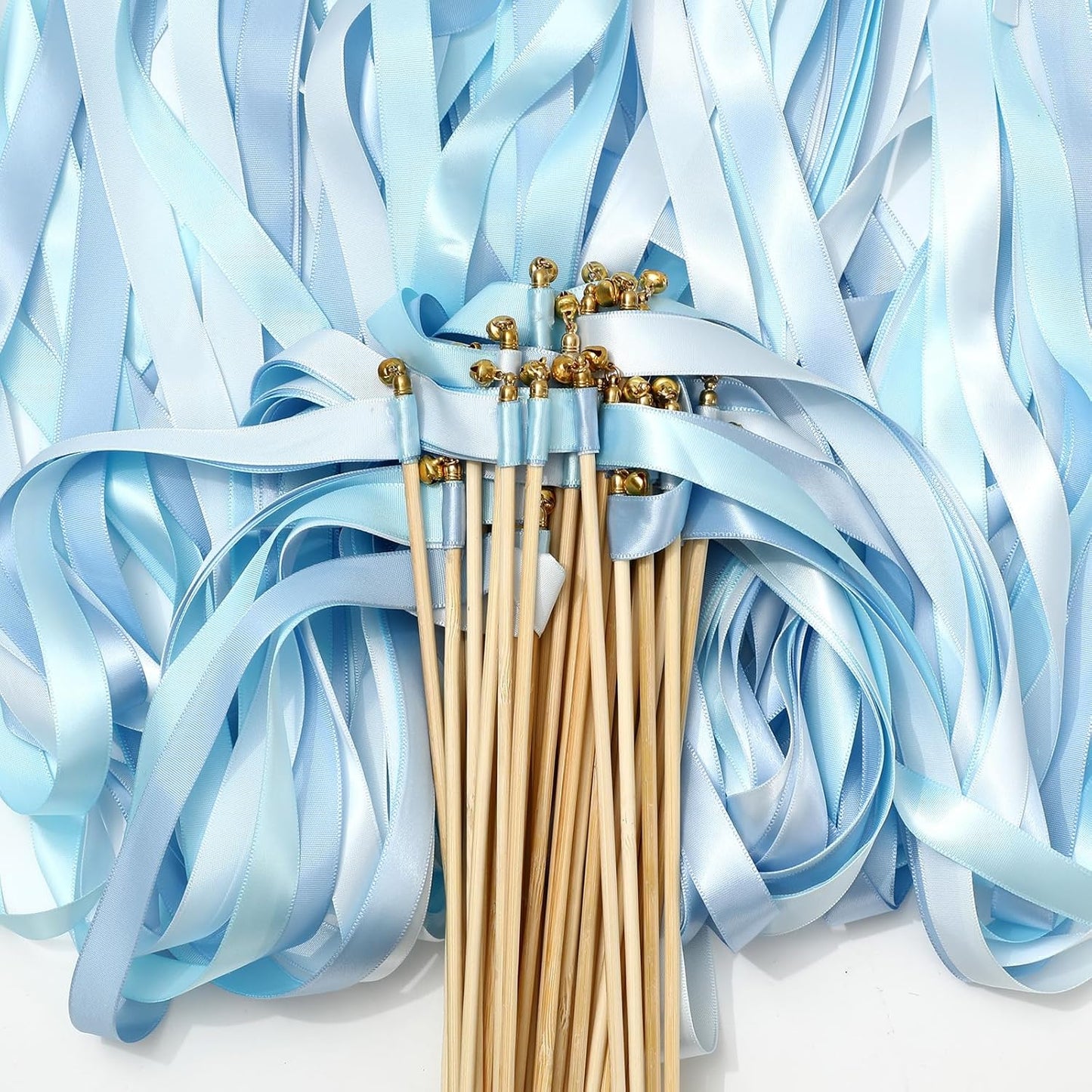 Handmade Wedding Ribbon Sticks with Bells Dusty Blue Streamers