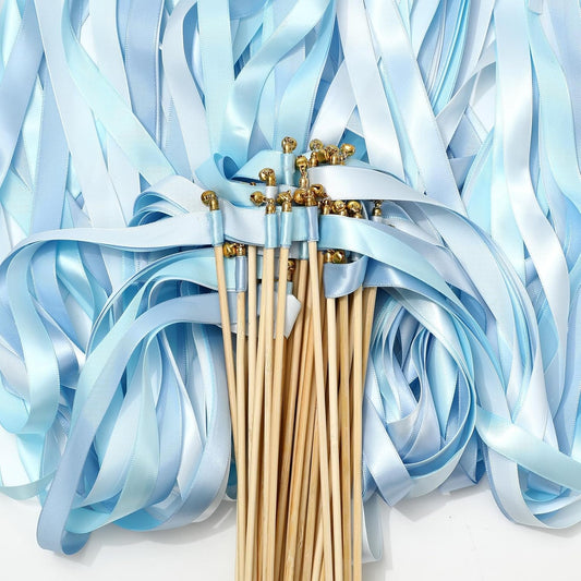 Handmade Wedding Ribbon Sticks with Bells Dusty Blue Streamers