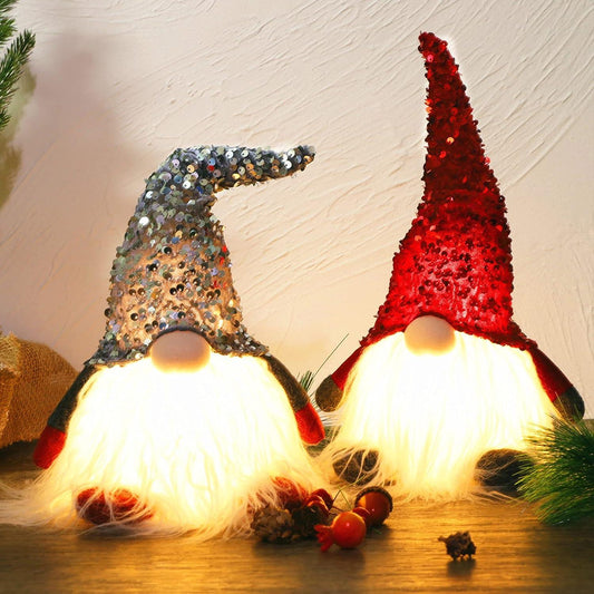 2PCS 12" Lighted Christmas Gnome, Handmade Sequins Hat Scandinavian Swedish Tomte, Light Up Plush Elf Toy Holiday Present, Battery Operated Winter Tabletop Christmas Decorations - Hibrides