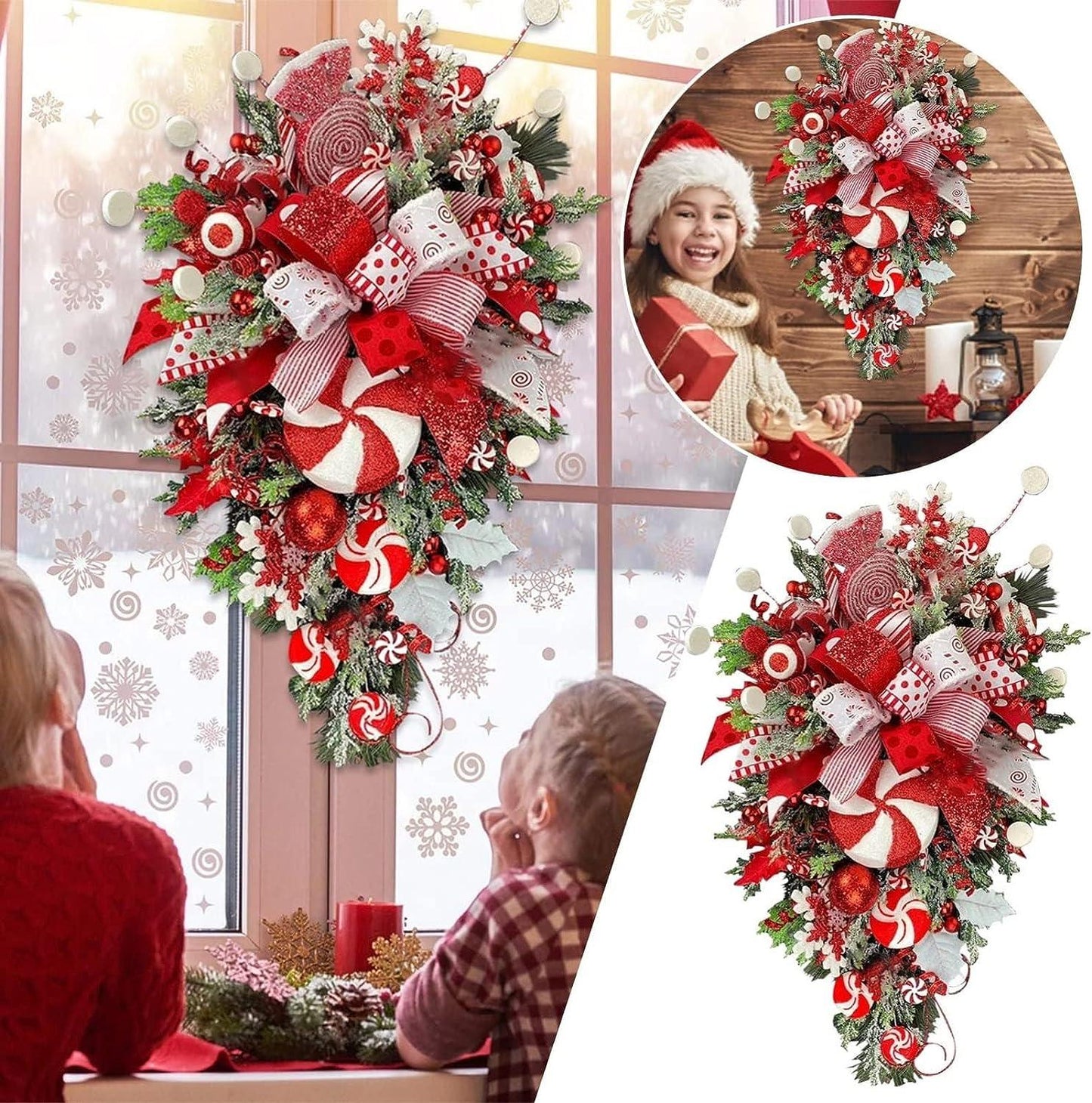 Christmas Candy Cane Wreath for Front Door Red White Teardrop Swag Candy Cane Christmas Stairway Decorations - Hibrides
