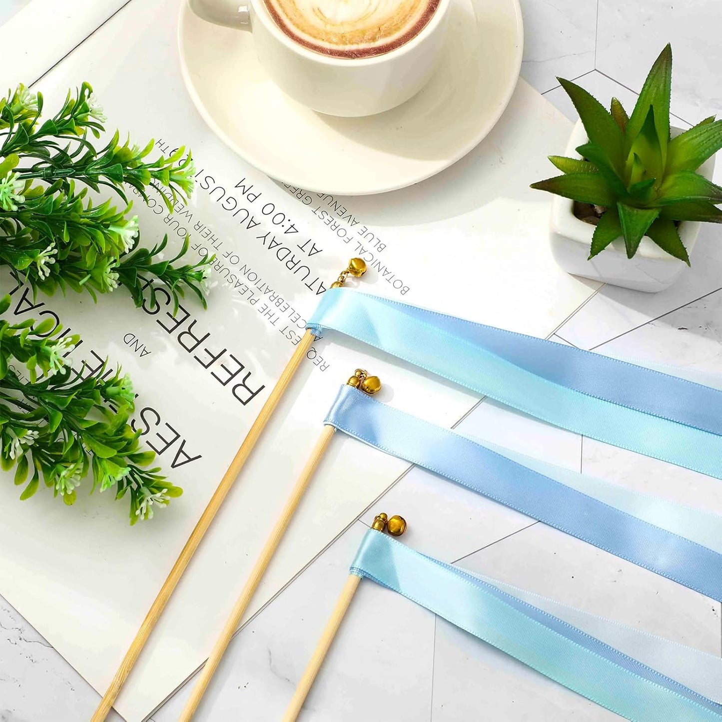 Handmade Wedding Ribbon Sticks with Bells Dusty Blue Streamers