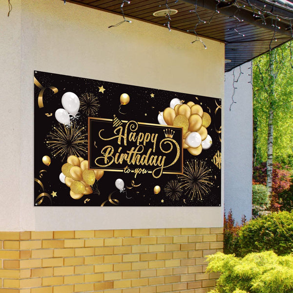 Happy Birthday Backdrop Banner Black and Gold Sign Poster Large Fabric Glitter Balloon Fireworks Sign - Hibrides