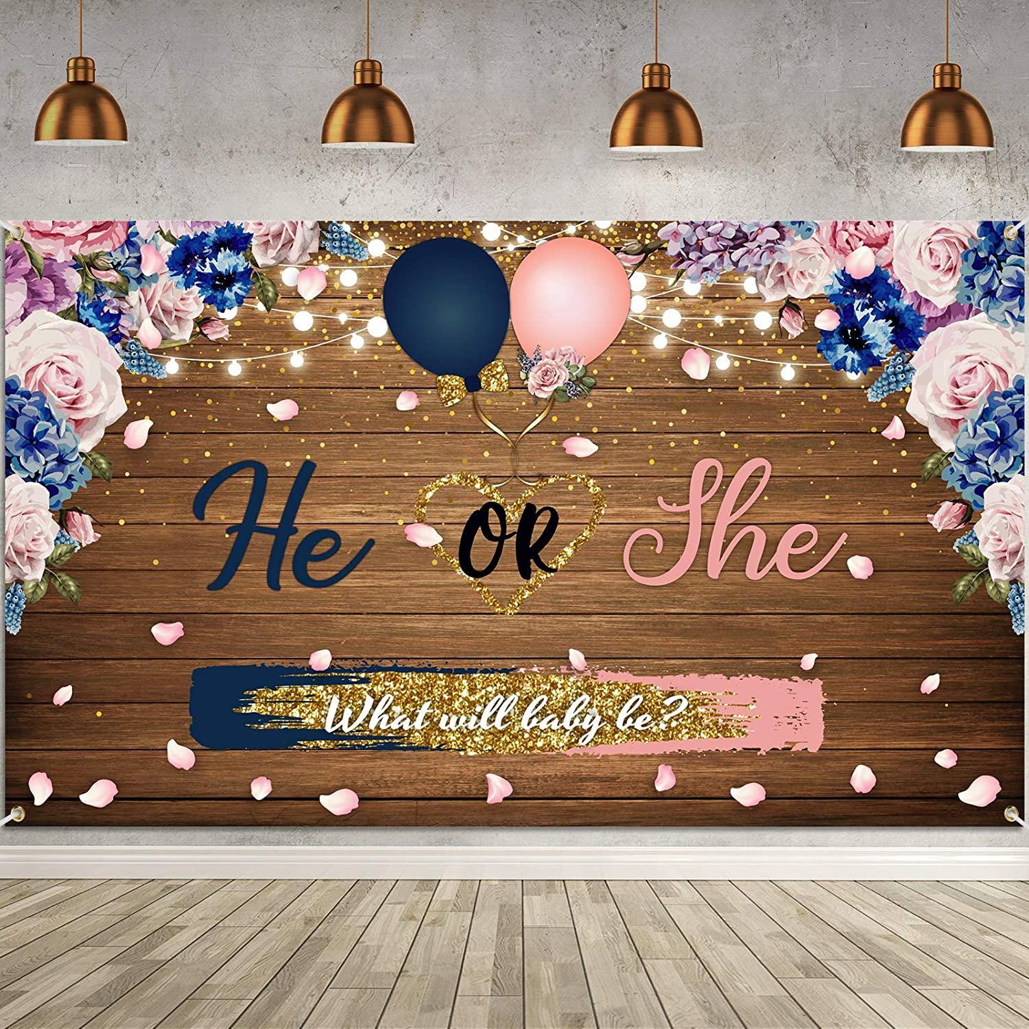 Gender Reveal Decorations Backdrop Banner He or She What Will Baby be Wooden Baby Gender Photography Background - Hibrides