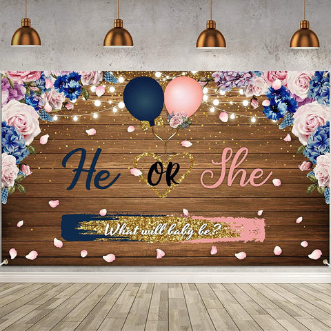 Gender Reveal Decorations Backdrop Banner He or She What Will Baby be Wooden Baby Gender Photography Background - Hibrides