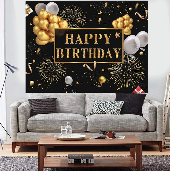 7x5ft Happy Birthday Backdrop Banner, Birthday Party Decor,Black Gold Poster Photo Booth Backdrop Background - Hibrides