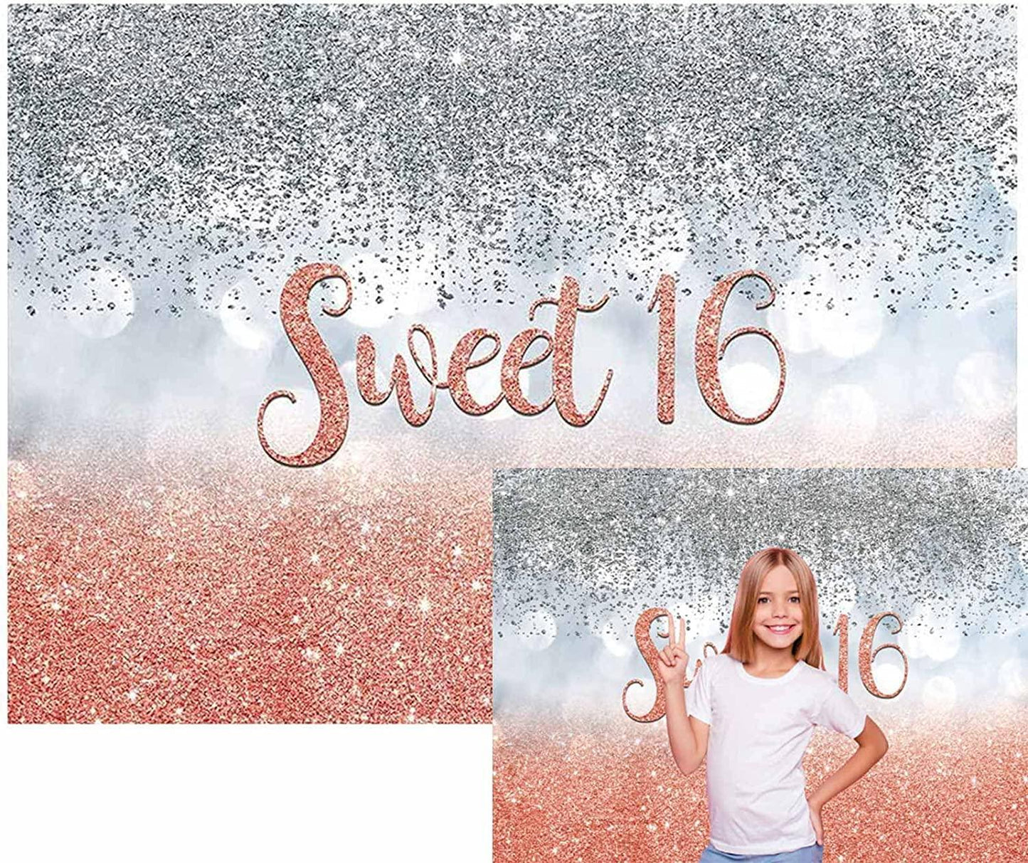 Sweet 16 Silver Blue Bokeh Glitter Backdrop 7x5ft for Girls Happy 16th Birthday Party Decorations - Hibrides