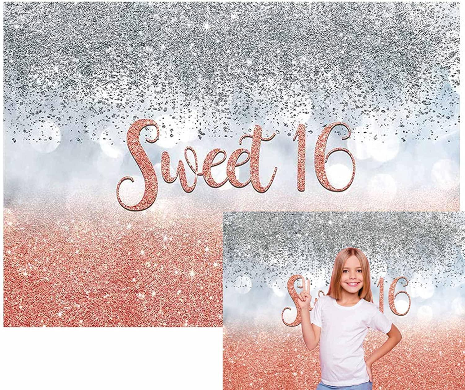Sweet 16 Silver Blue Bokeh Glitter Backdrop 7x5ft for Girls Happy 16th Birthday Party Decorations - Hibrides