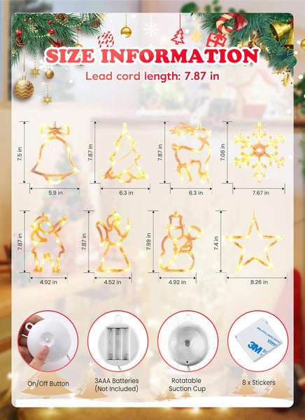 8pcs Christmas Window Decoration Lights, LED Battery Operated Silhouette Lights with Suction for Xmas