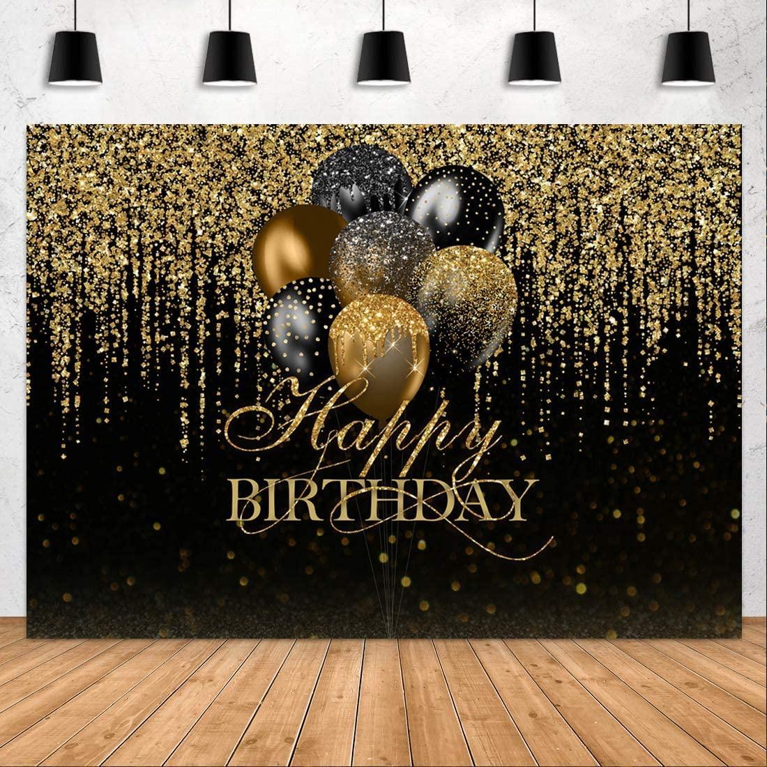 7x5ft Happy Birthday Backdrop Glitter Black and Gold Balloons Photography Background - Hibrides