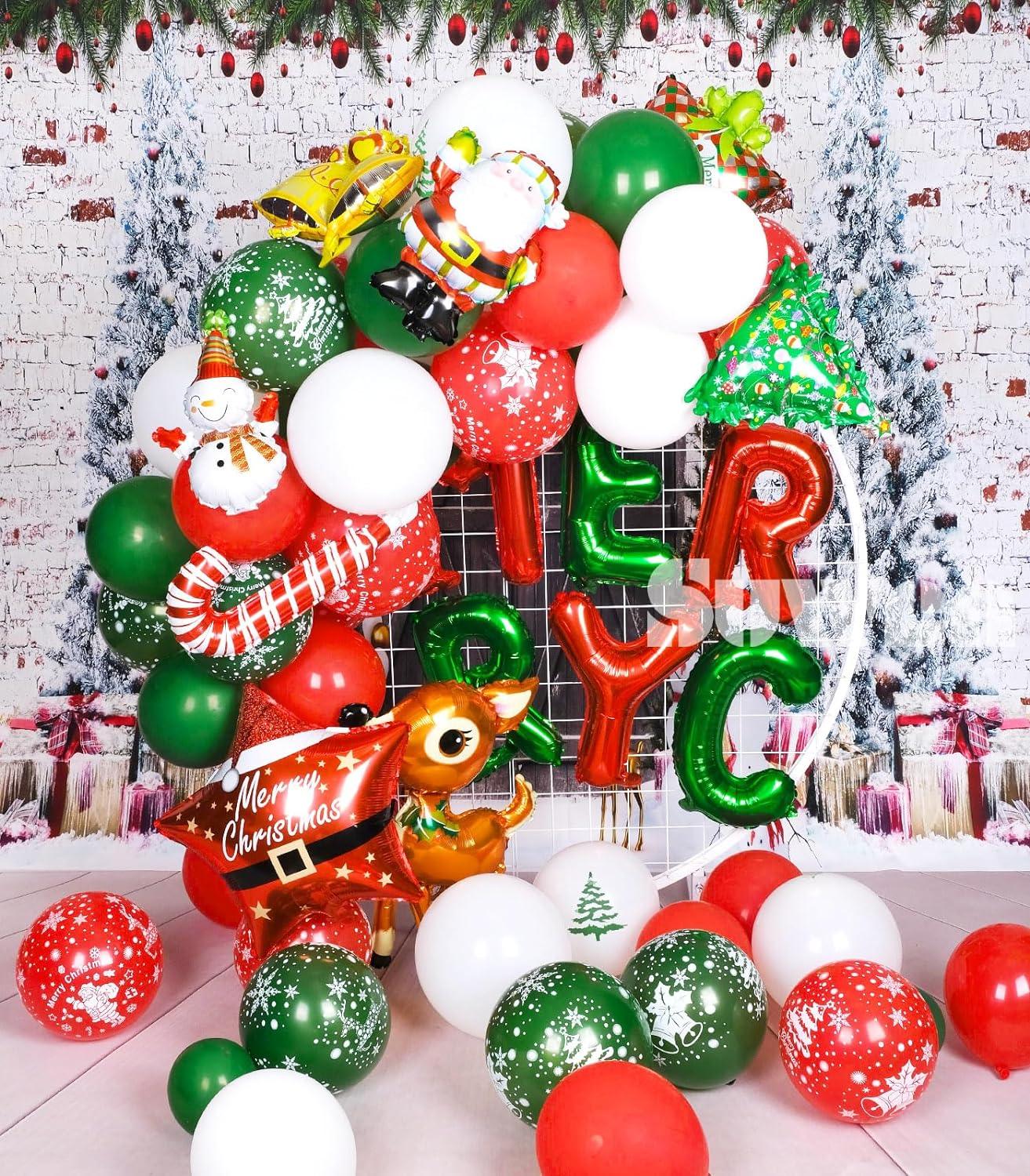 55PCS Christmas Balloon Garland Kit with Merry Christmas Alphabet 3D Tree Deer Santa Gift Box Bell Candy Cane Star Foil Balloons - Hibrides