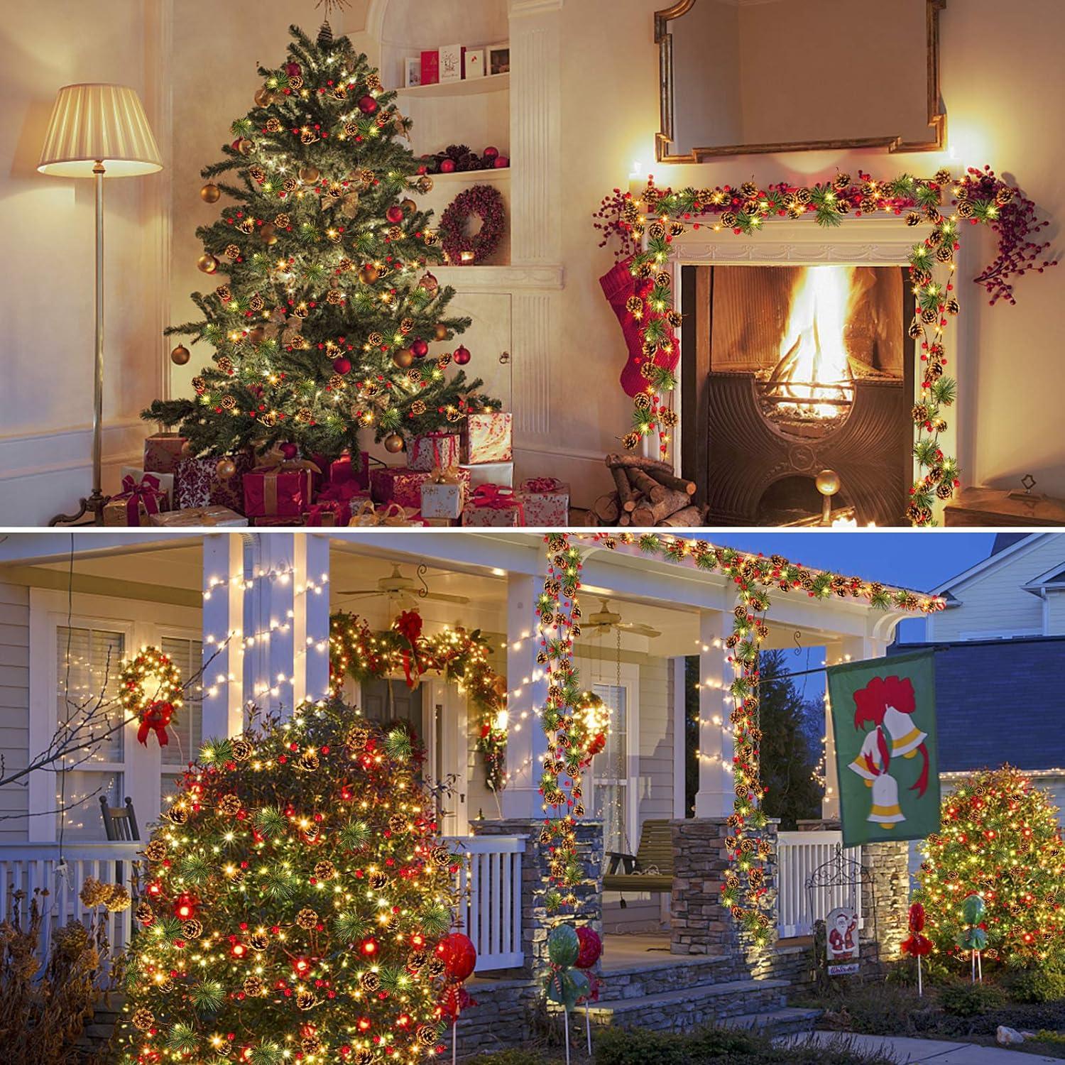 10ft 35 LED Christmas Garland with Lights, Christmas Pinecone Lights Red Berry Pine Needles Bell Battery Operated Xmas Lights - Hibrides