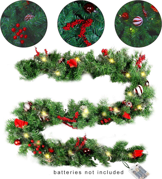 9FT LED Christmas Garland with Pinecones Red Berries Bows Christmas Balls Candies, Multi-Function Christmas Garland with 50 Warm White LED Lights