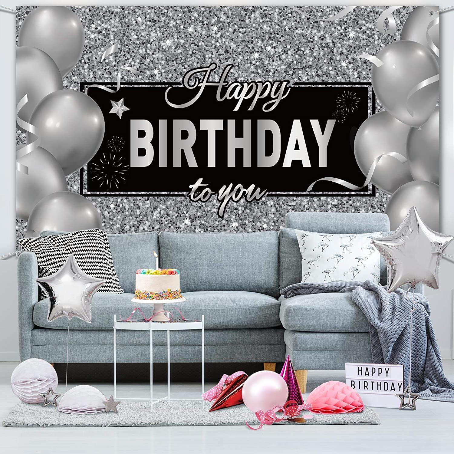 Silver Happy Birthday Banner Backdrop Silver Birthday Party Decorations Black White Balloons - Hibrides