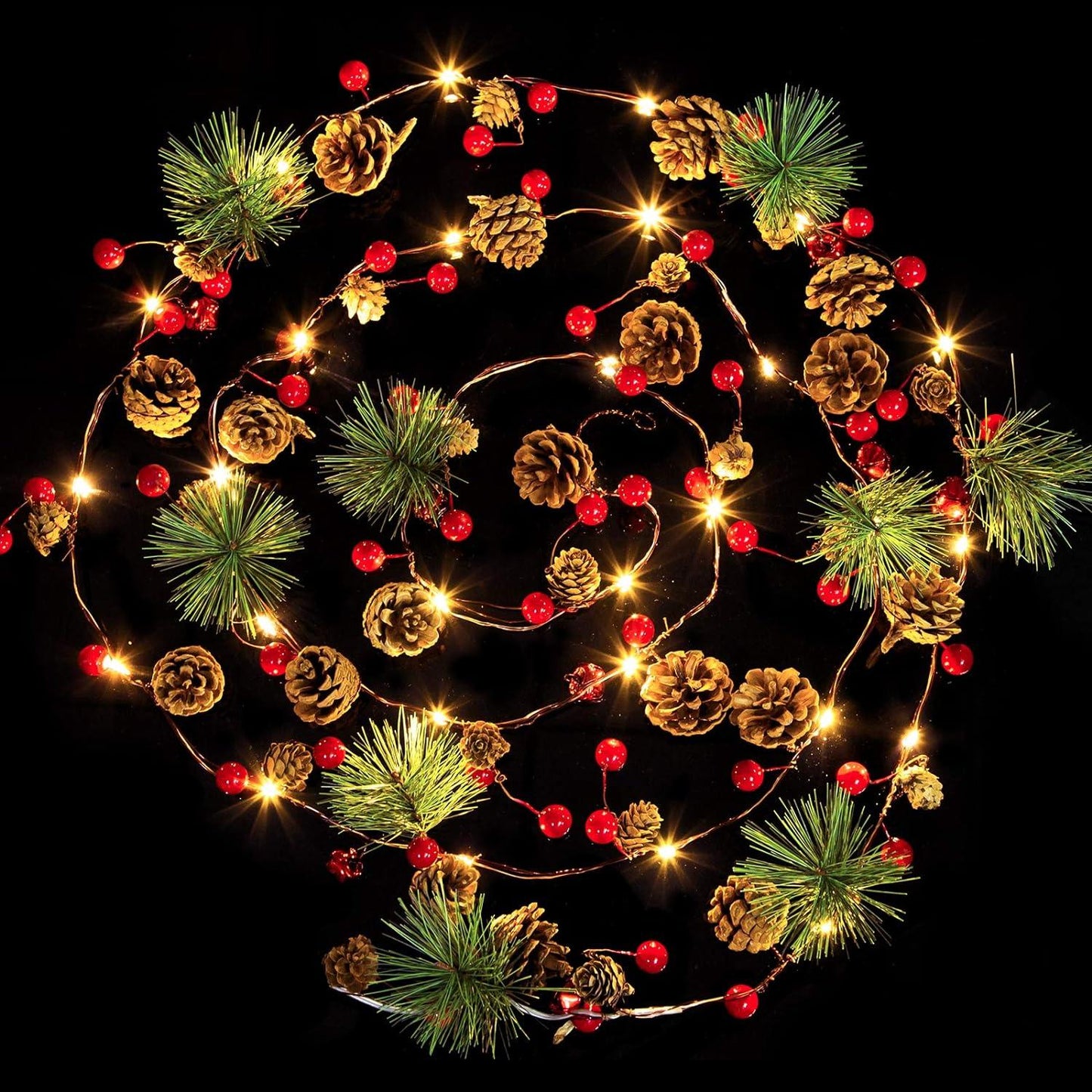 10ft 35 LED Christmas Garland with Lights, Christmas Pinecone Lights Red Berry Pine Needles Bell Battery Operated Xmas Lights - Hibrides