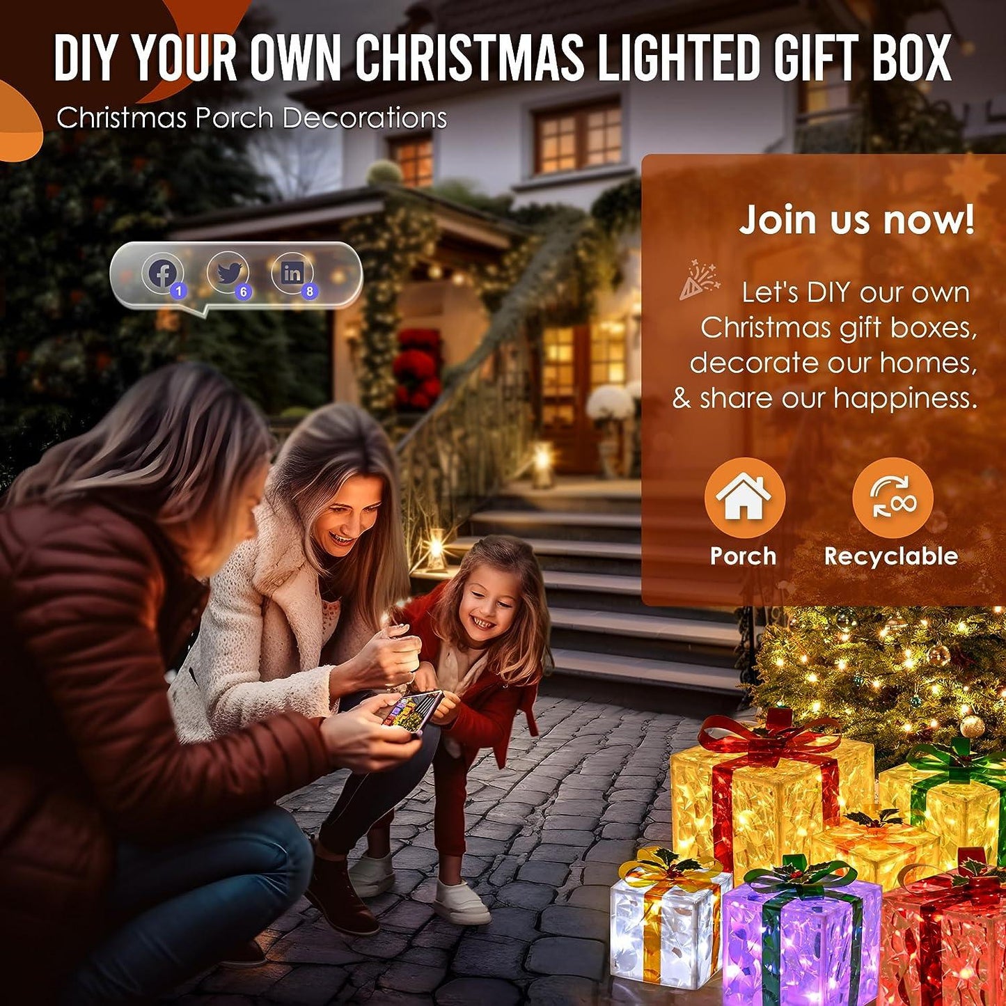 Set of 3 Large Christmas Lighted Gift Boxes Outdoor 10" with Remote Control, Smart Luxury Present Boxes for Christmas Decorations Indoors Outdoors - Hibrides