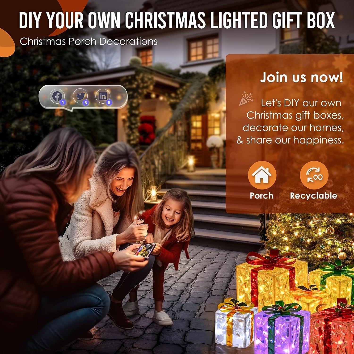 Set of 3 Large Christmas Lighted Gift Boxes Outdoor 10" with Remote Control, Smart Luxury Present Boxes for Christmas Decorations Indoors Outdoors - Hibrides