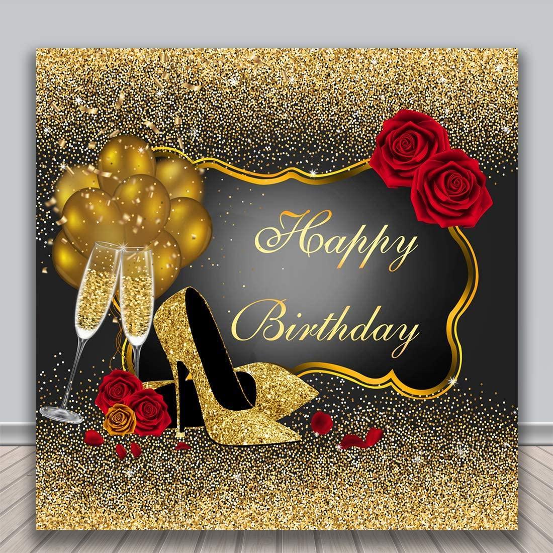 Happy Birthday Backdrop Glitter Gold Red Rose Floral Golden Balloons Heels Champagne Glass Background - Hibrides