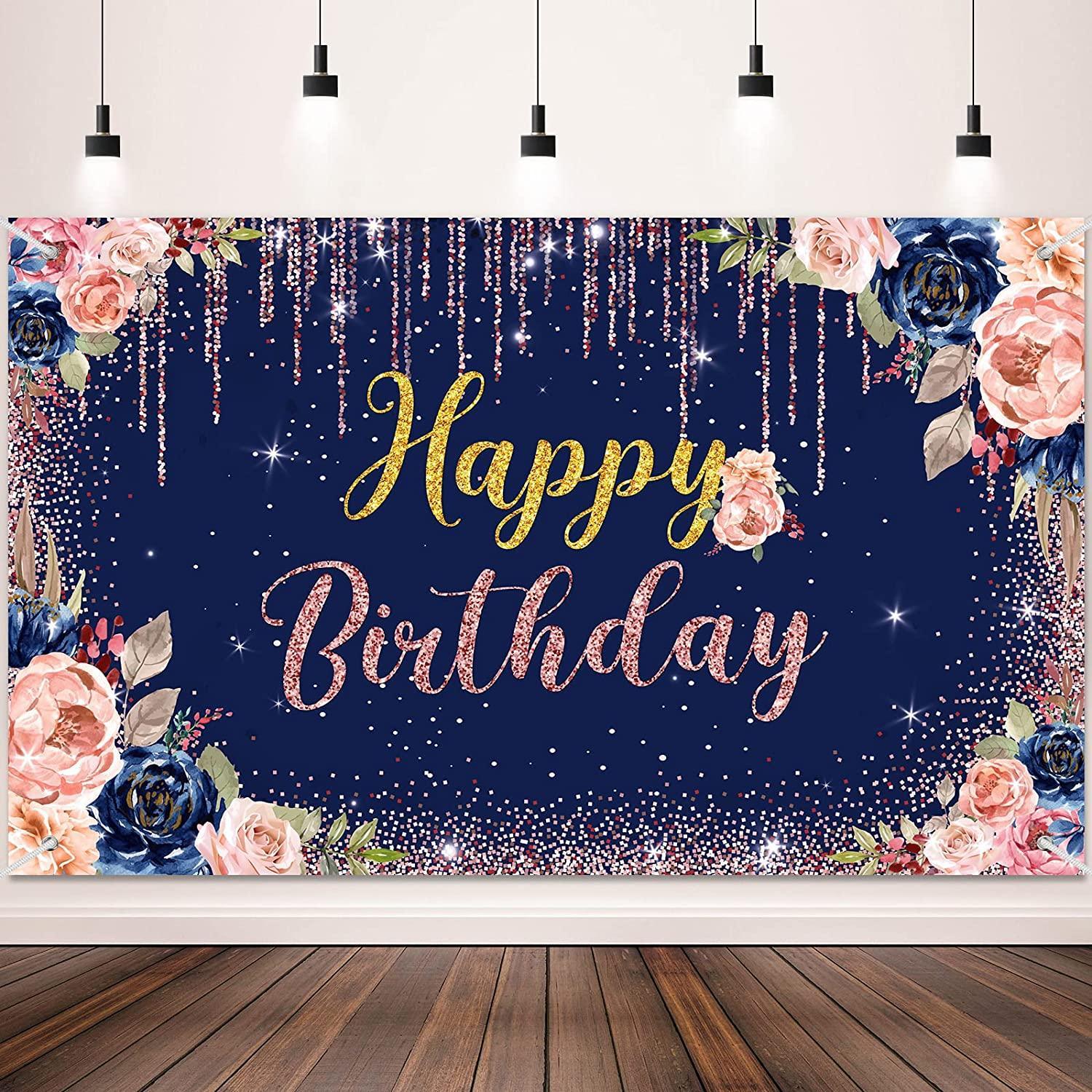 Rose Gold Happy Birthday Backdrop Decorations for Women Pink and Gold Background - Hibrides
