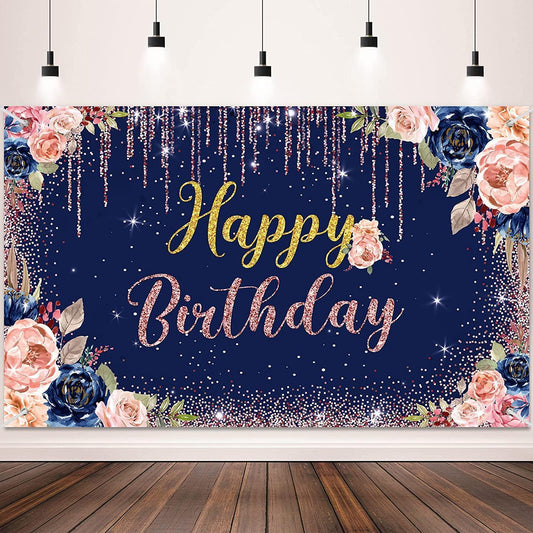 Rose Gold Happy Birthday Backdrop Decorations for Women Pink and Gold Background - Hibrides