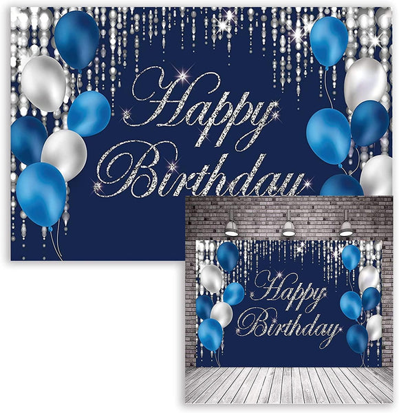 Happy Birthday Photography Backdrop Navy Blue and Silver Happy Birthday Sign - Hibrides