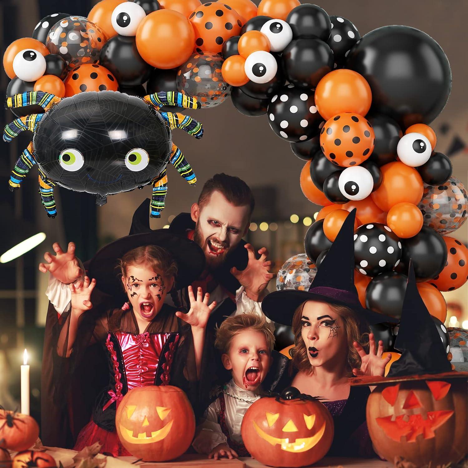 113PCS Halloween Balloon Garland Arch Kit, Black Orange White Confetti Balloons with Large Spider Foil Balloon - Hibrides