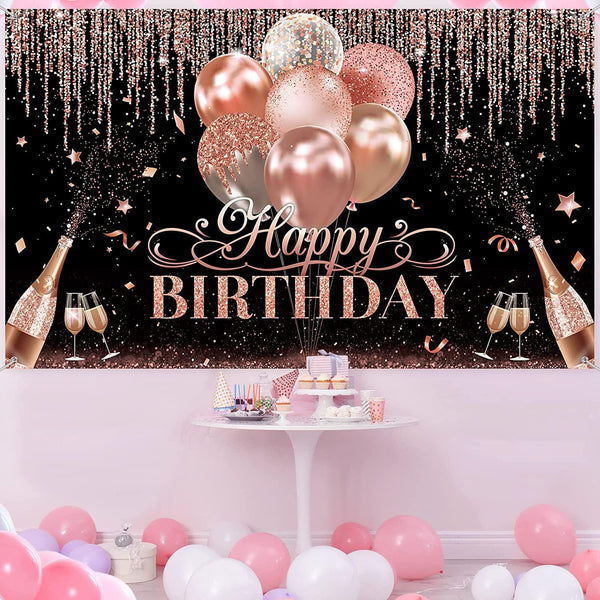 Black Silver Rose Gold Happy Birthday Party Decorations Glitter Balloon Birthday Party Backdrop for Women - Hibrides