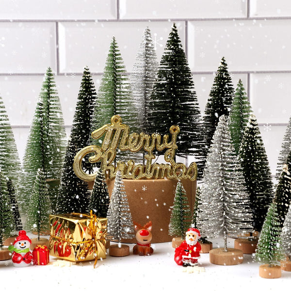 30pcs Mini Christmas Trees- Artificial Christmas Tree Christmas with 5 Sizes Snow Trees with Wooden Base for Christmas