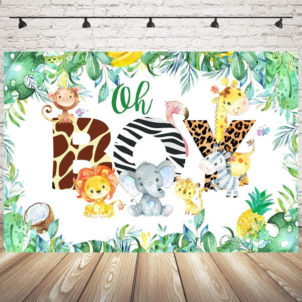 Oh Boy Backdrop Jungle Safari Boy Baby Shower Photo Booth Backdrops Jungle Animals Lion Elephant Party Decorations - Hibrides